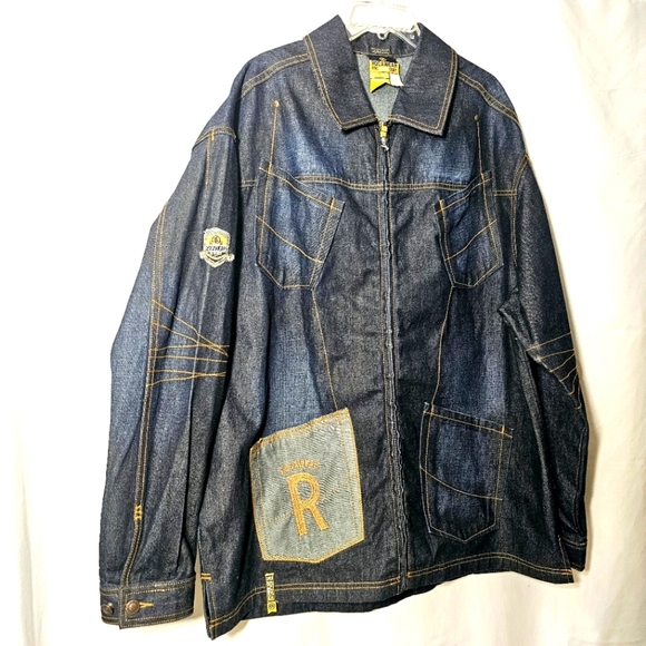 🛑 Vintage Y2k Rocawear Mens Cotton Zip-up Dark Blue Denim Jean Jacket Size XL - Picture 1 of 9